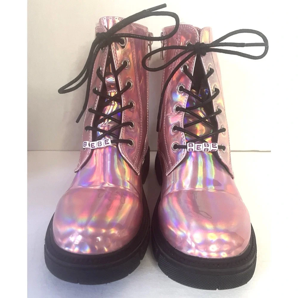 Bebe Girl's Pink Metallic Combat Ankle Boots Lace UP‎ Size 4 Girly Glam [776]